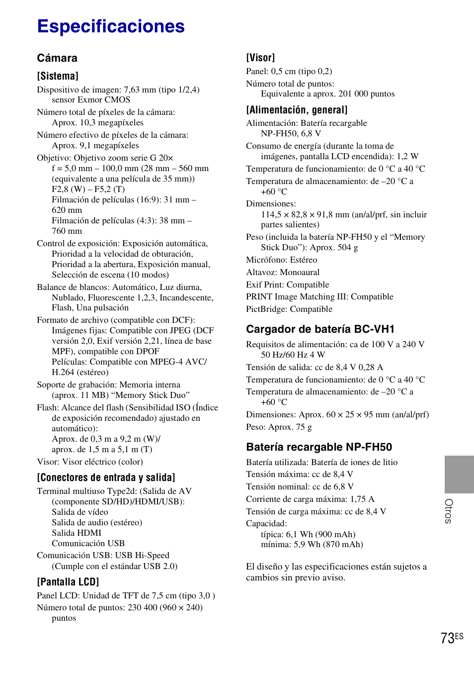 Especificaciones | Sony DSC-HX1 User Manual | Page 147 / 151