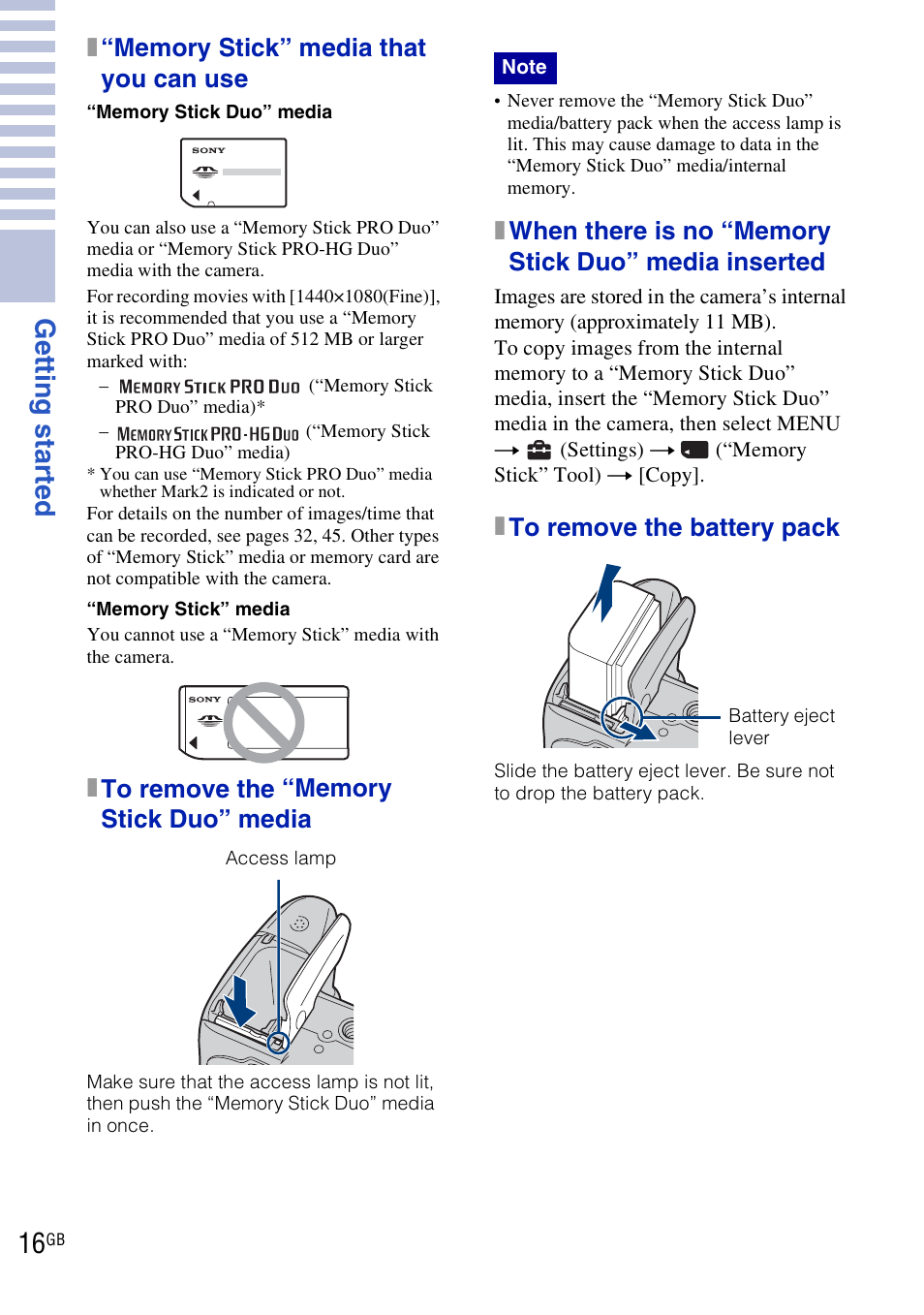 Get ting st art ed, Xto remove the battery pack | Sony DSC-HX1 User Manual | Page 16 / 151