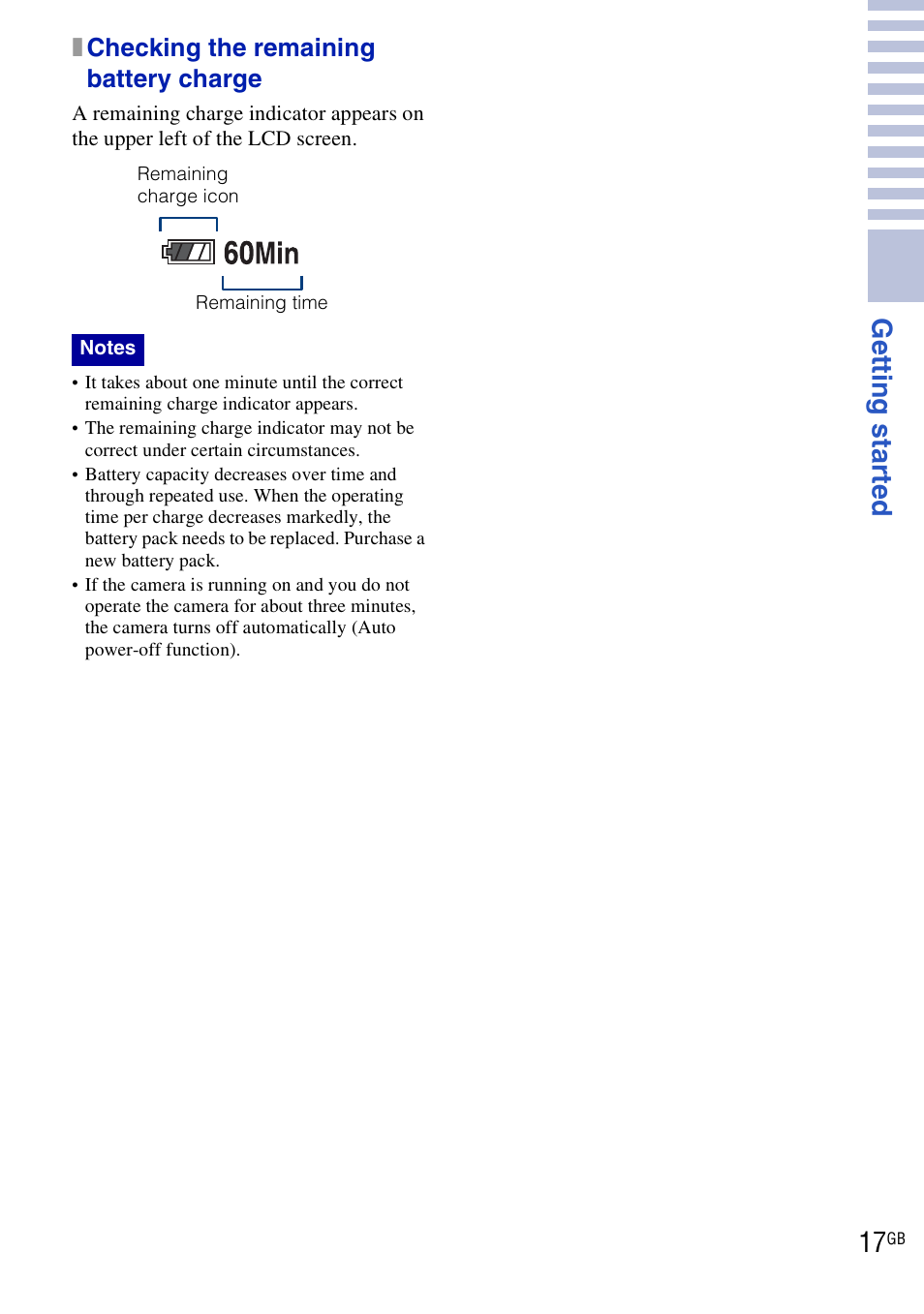 Get ting st art ed 17, Xchecking the remaining battery charge | Sony DSC-HX1 User Manual | Page 17 / 151