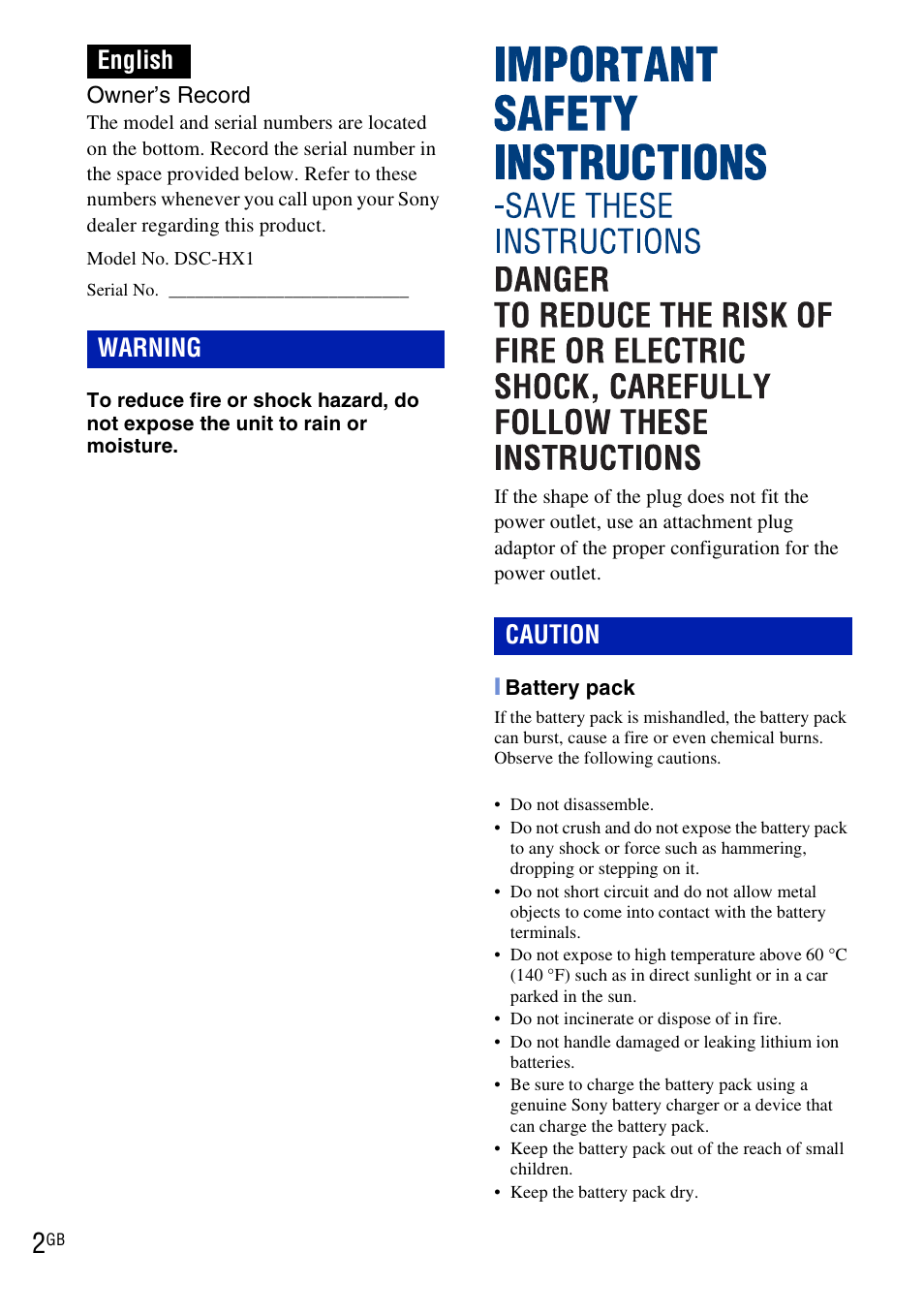Important safety instructions, English warning caution | Sony DSC-HX1 User Manual | Page 2 / 151