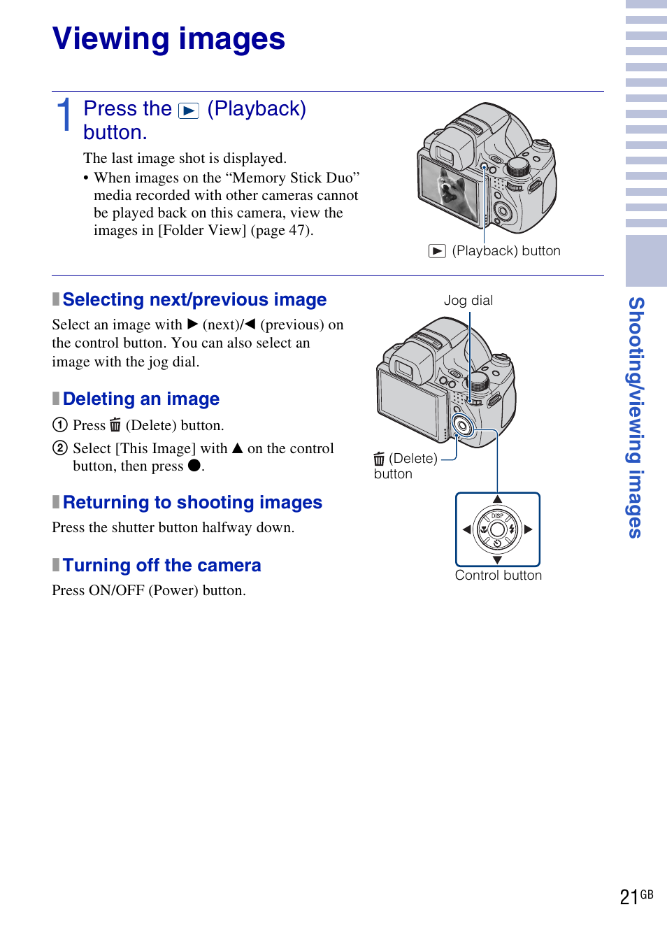 Viewing images | Sony DSC-HX1 User Manual | Page 21 / 151