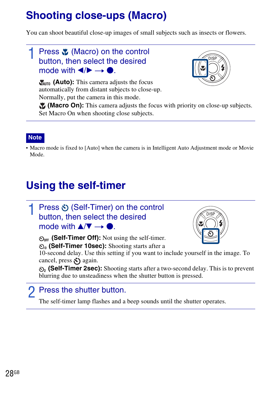 Shooting close-ups (macro), Using the self-timer | Sony DSC-HX1 User Manual | Page 28 / 151