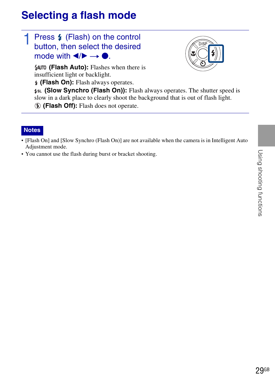 Selecting a flash mode | Sony DSC-HX1 User Manual | Page 29 / 151