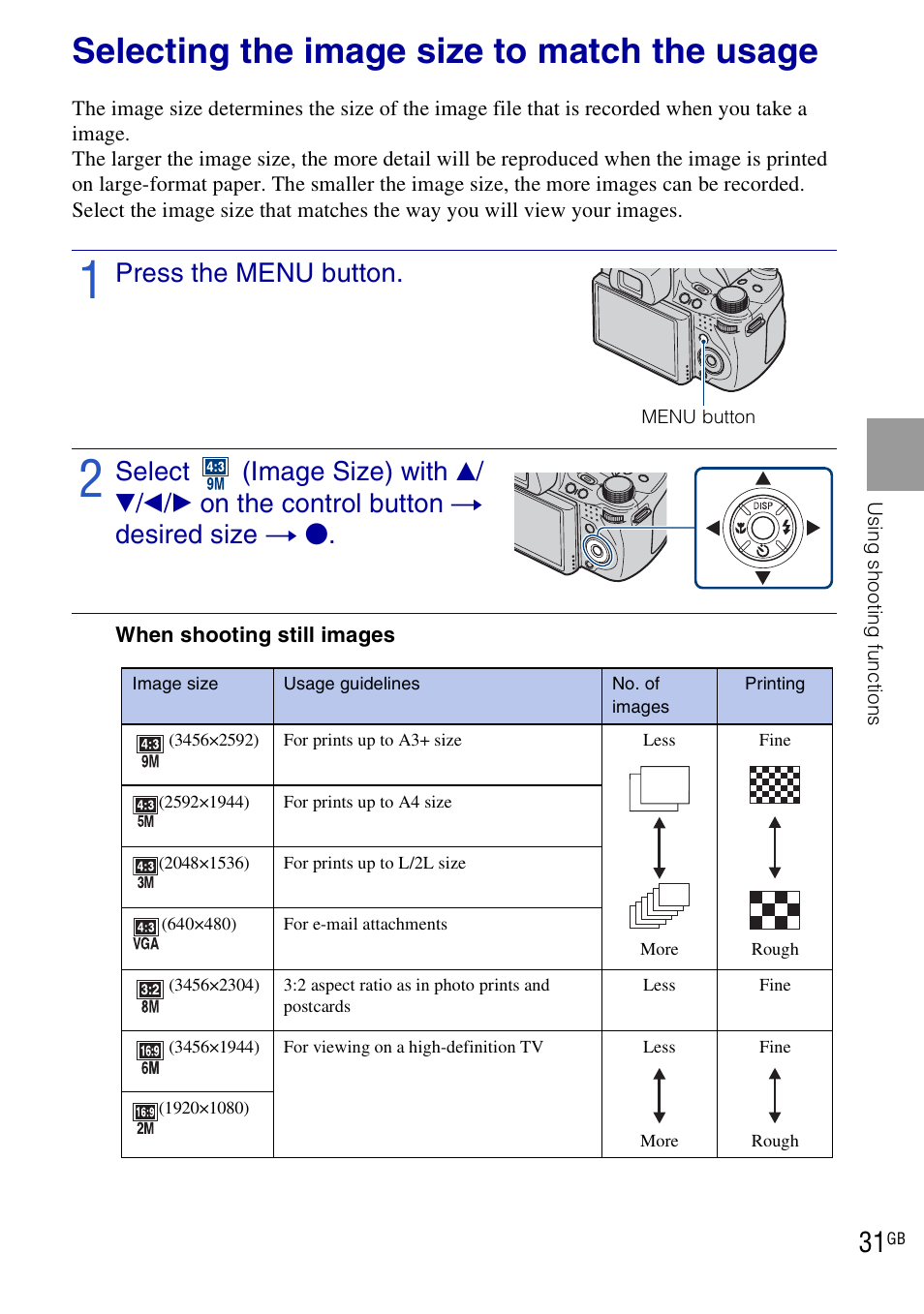 Selecting the image size to match the usage, Press the menu button | Sony DSC-HX1 User Manual | Page 31 / 151