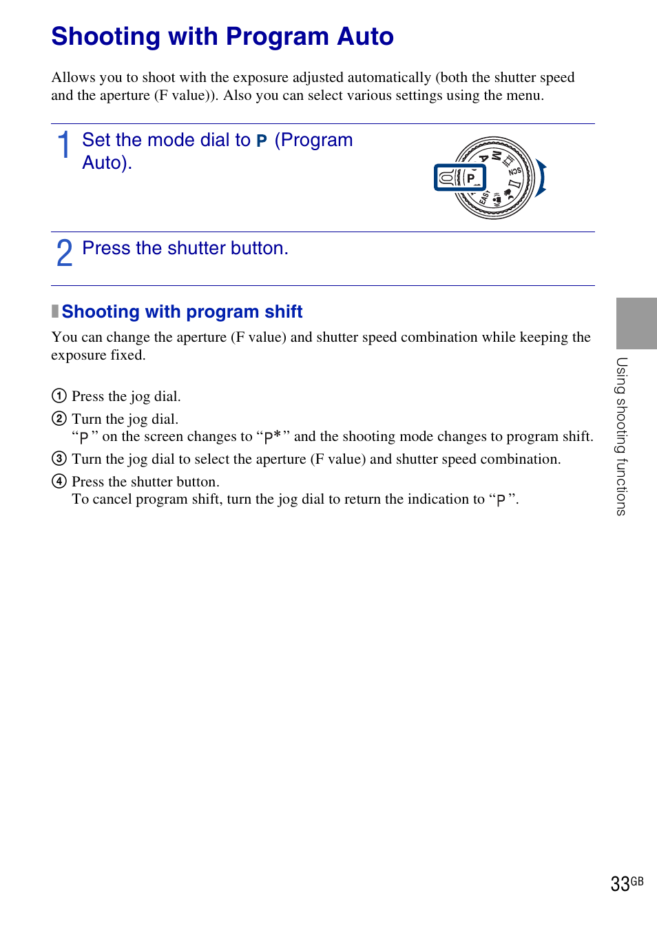 Shooting with program auto | Sony DSC-HX1 User Manual | Page 33 / 151