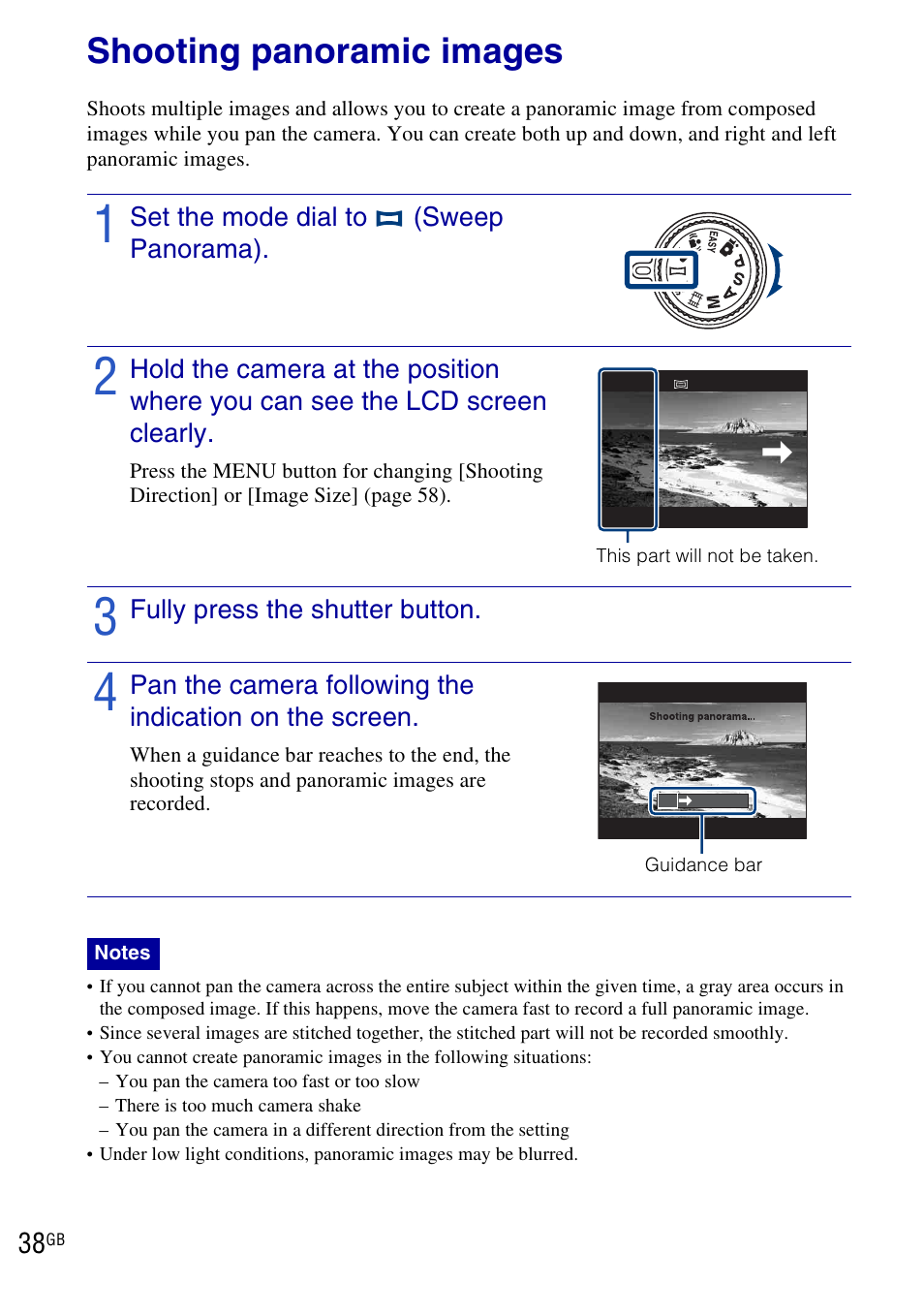 Shooting panoramic images | Sony DSC-HX1 User Manual | Page 38 / 151