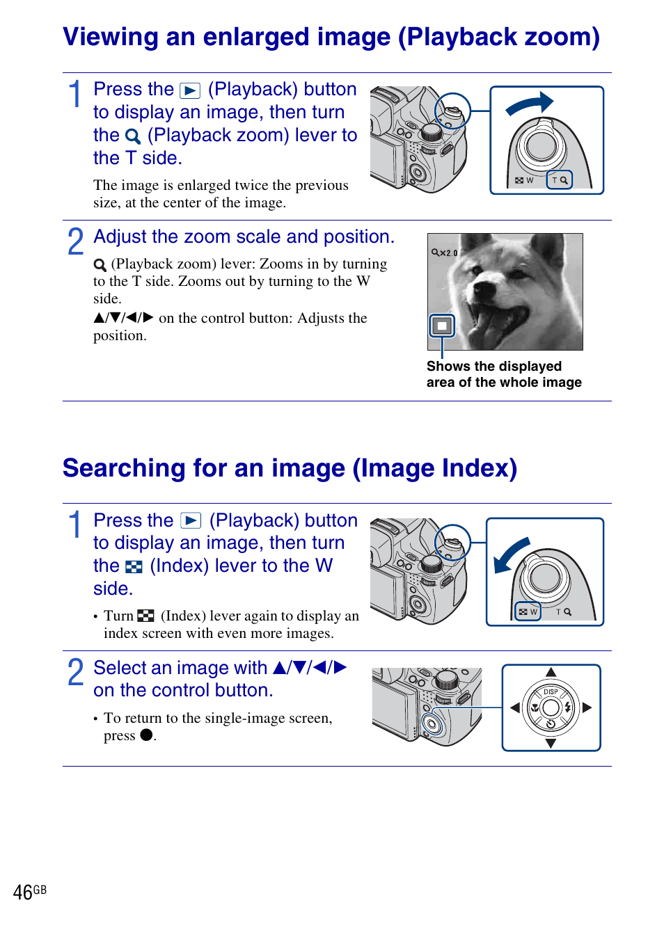 Using viewing functions, Viewing an enlarged image (playback zoom), Searching for an image (image index) | Sony DSC-HX1 User Manual | Page 46 / 151