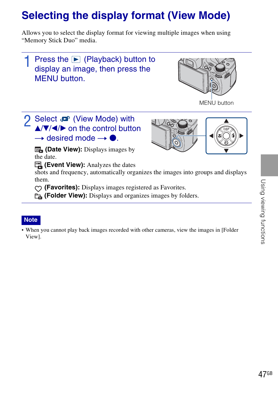 Selecting the display format (view mode) | Sony DSC-HX1 User Manual | Page 47 / 151