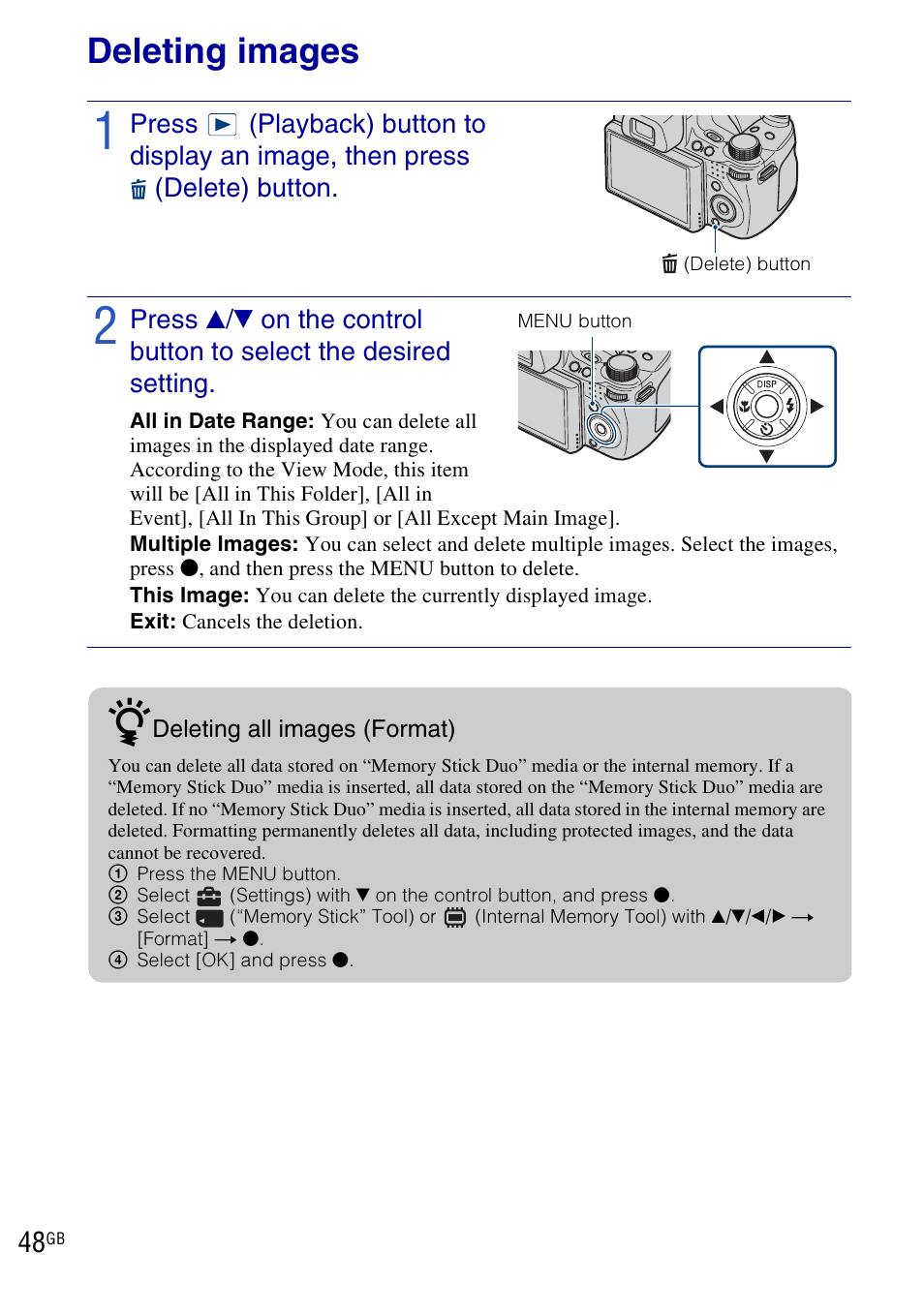 Deleting images | Sony DSC-HX1 User Manual | Page 48 / 151