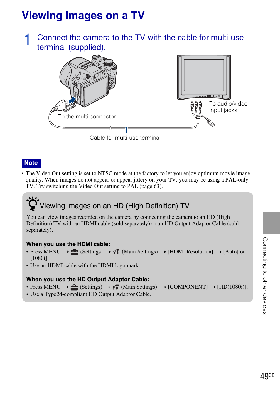 Connecting to other devices, Viewing images on a tv | Sony DSC-HX1 User Manual | Page 49 / 151