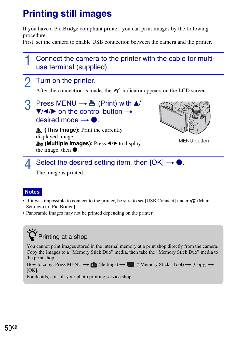 Printing still images | Sony DSC-HX1 User Manual | Page 50 / 151