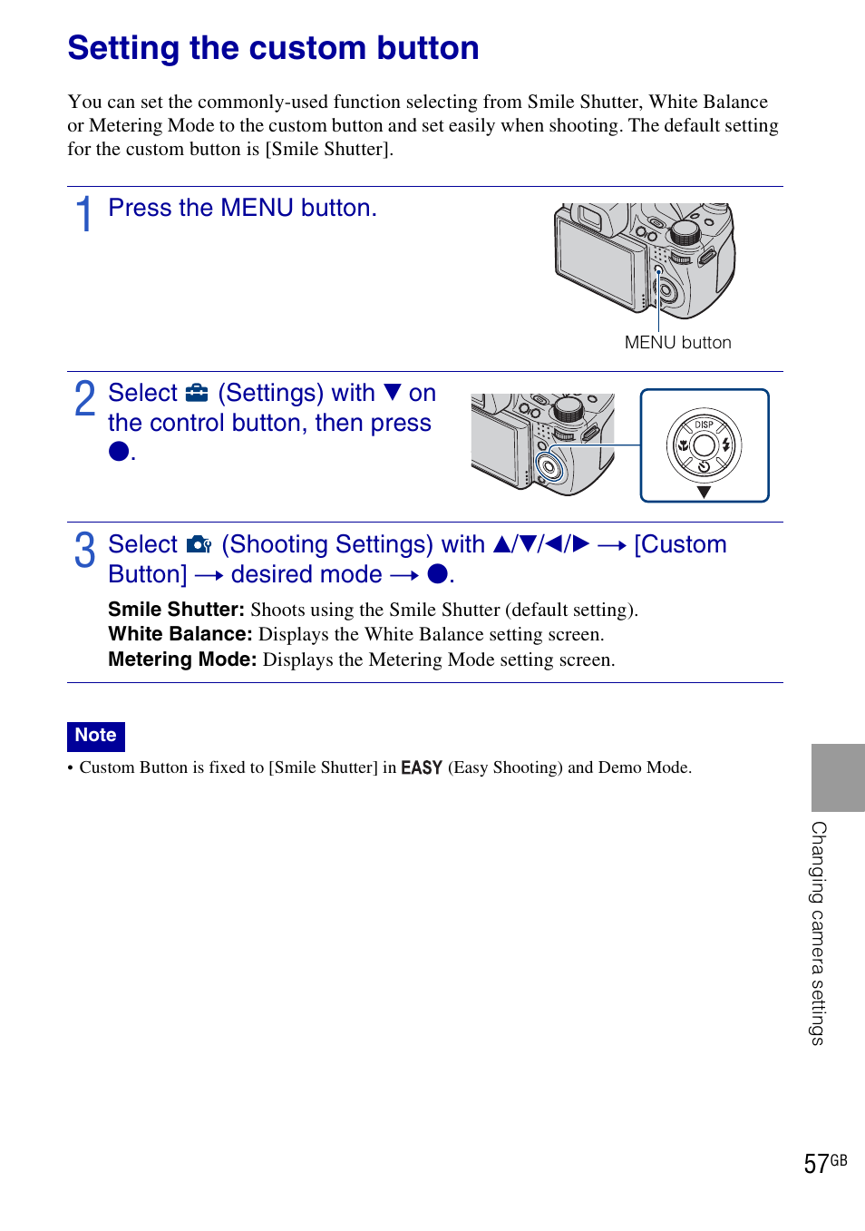 Setting the custom button | Sony DSC-HX1 User Manual | Page 57 / 151