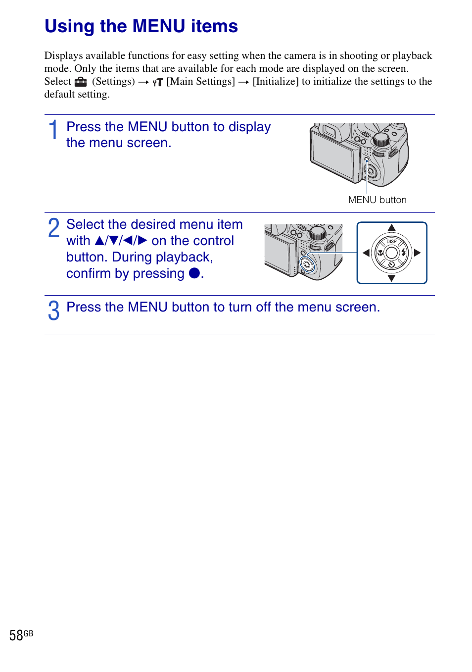 Using the menu items | Sony DSC-HX1 User Manual | Page 58 / 151