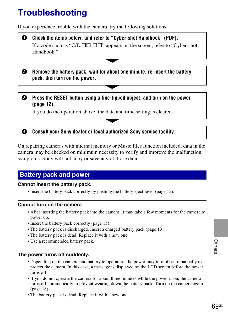 Troubleshooting, Battery pack and power | Sony DSC-HX1 User Manual | Page 69 / 151