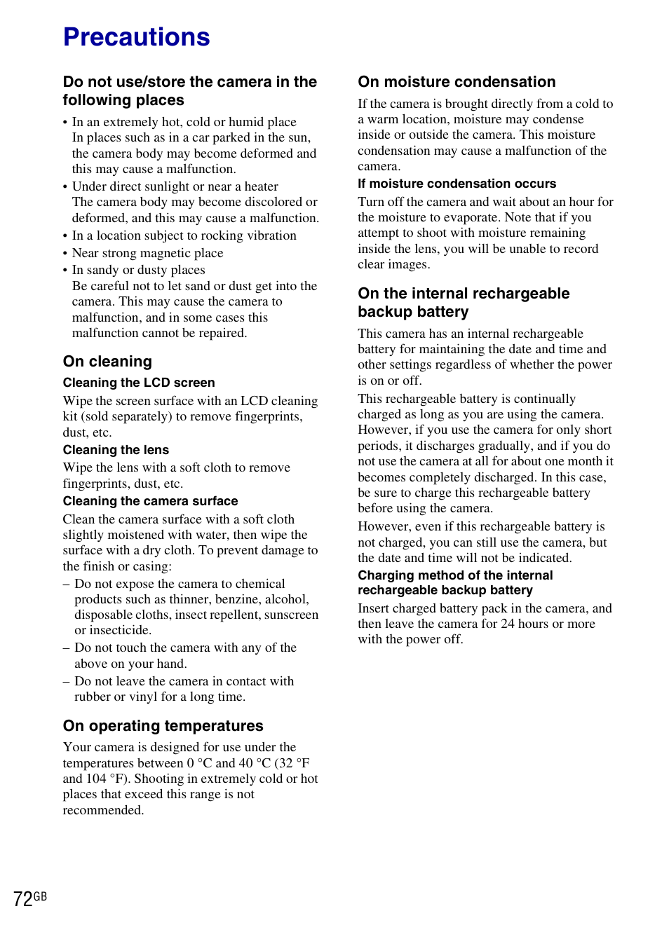 Precautions | Sony DSC-HX1 User Manual | Page 72 / 151