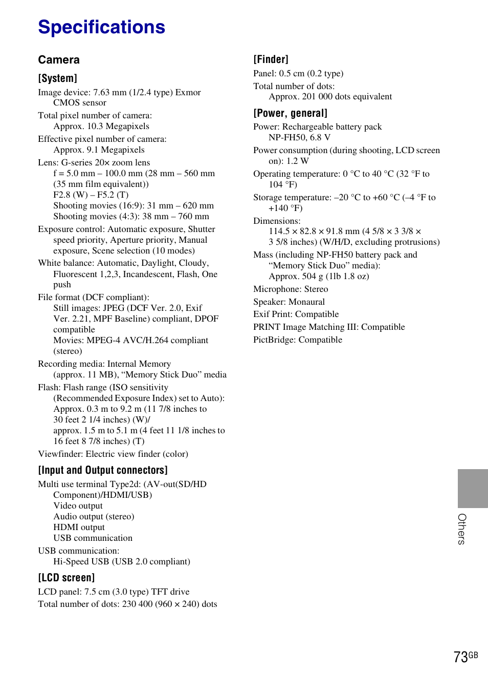 Specifications | Sony DSC-HX1 User Manual | Page 73 / 151