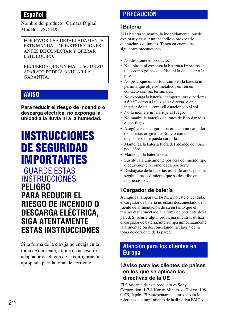 Instrucciones de seguridad importantes, Español | Sony DSC-HX1 User Manual | Page 76 / 151