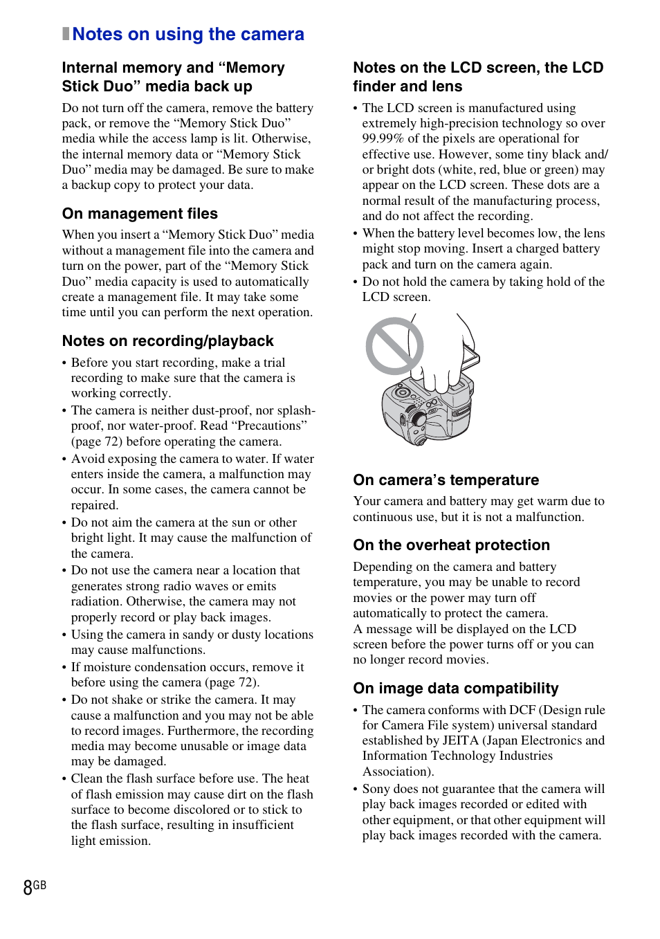 Notes on using the camera | Sony DSC-HX1 User Manual | Page 8 / 151