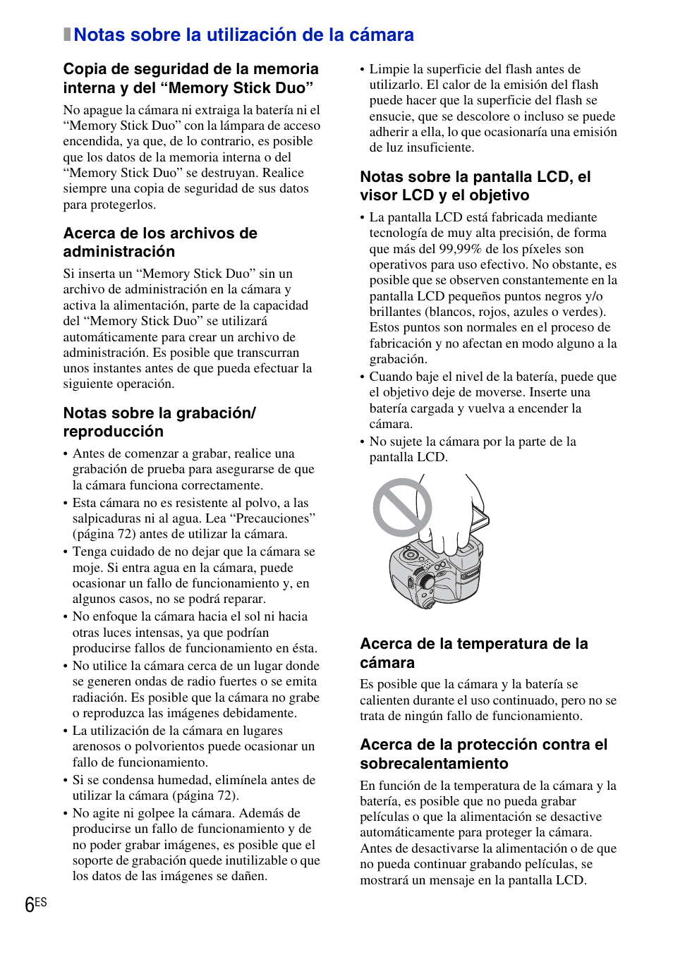 Notas sobre la utilización de la cámara, Xnotas sobre la utilización de la cámara | Sony DSC-HX1 User Manual | Page 80 / 151