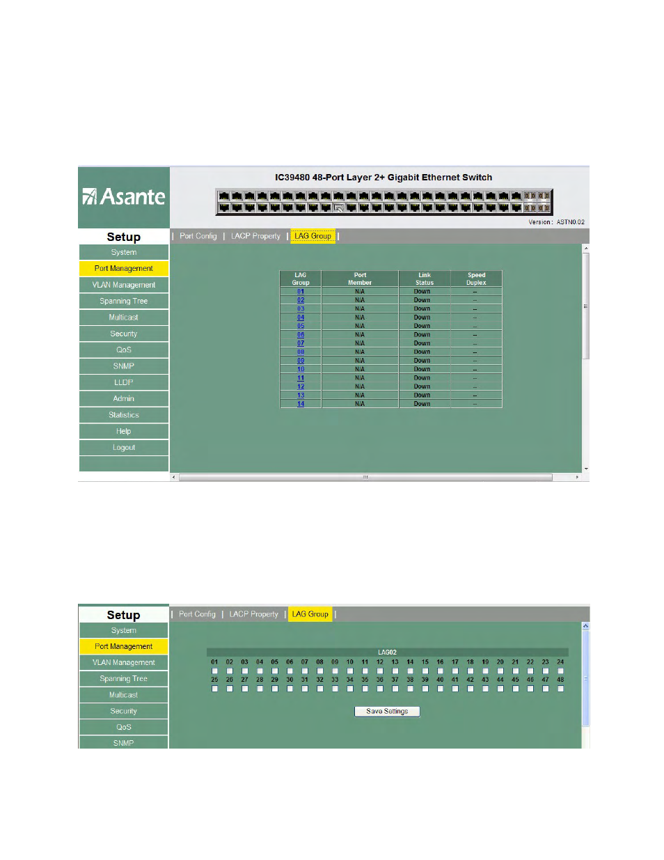 Port management – lag group, Port management – lag group - each group | Asante Technologies 480 User Manual | Page 70 / 148