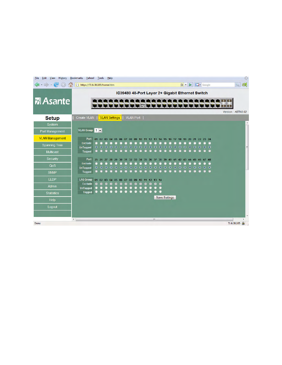 Vlan management – vlan settings | Asante Technologies 480 User Manual | Page 72 / 148