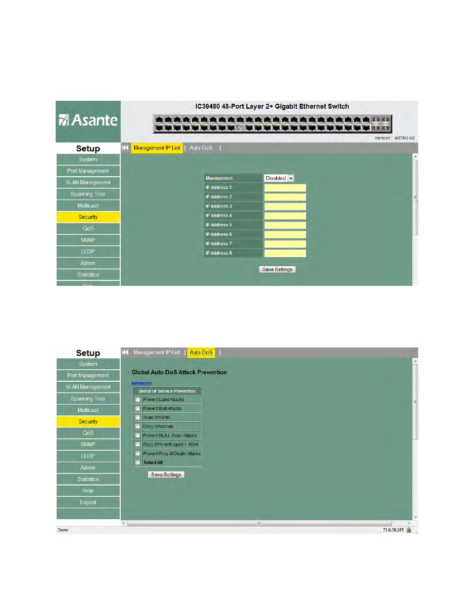 Management ip list, Auto dos | Asante Technologies 480 User Manual | Page 83 / 148