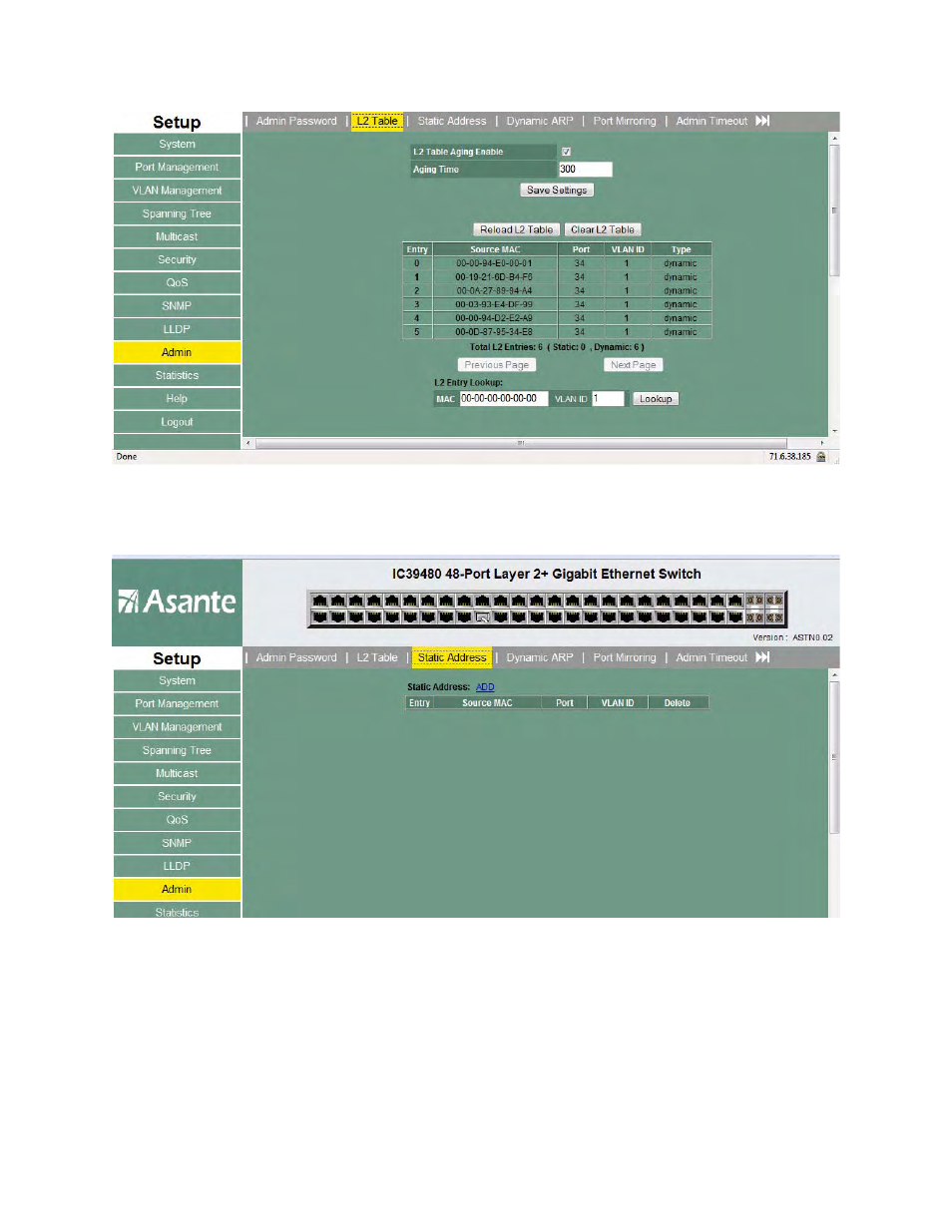 Static addresses, Dynamic arp | Asante Technologies 480 User Manual | Page 94 / 148