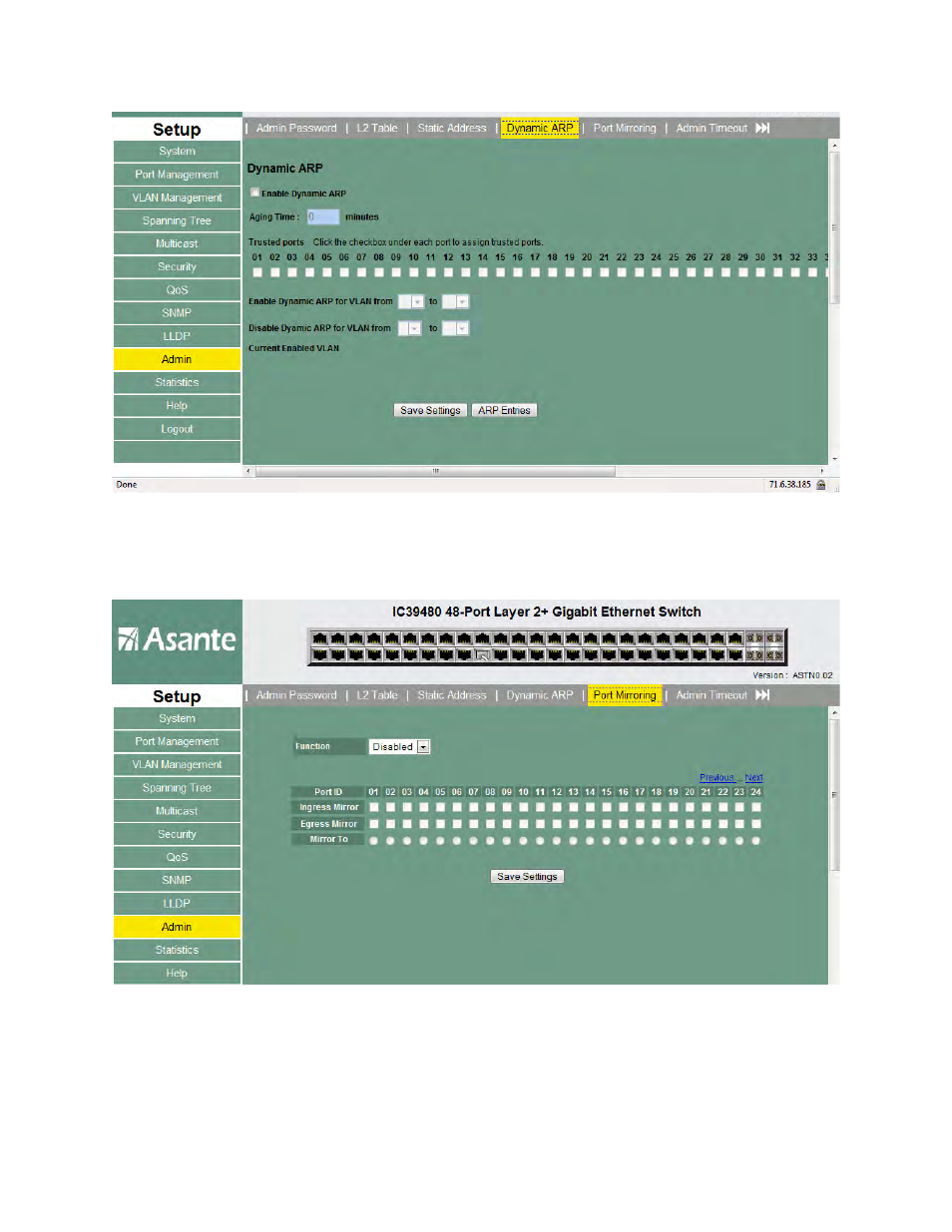 Port mirroring, Admin timeout | Asante Technologies 480 User Manual | Page 95 / 148