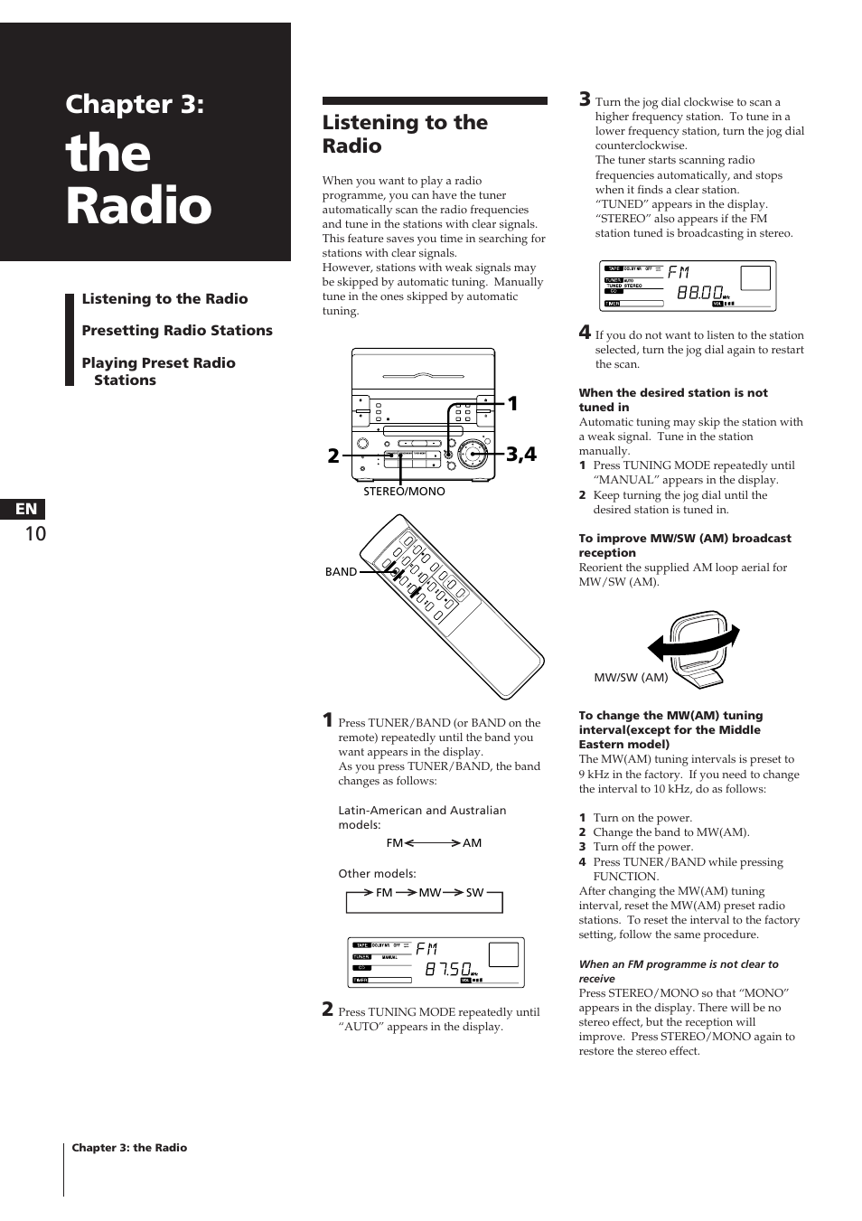 The radio, Chapter 3, Listening to the radio | Sony CHC-P33D User Manual | Page 10 / 97