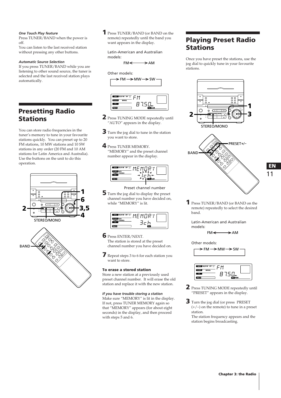 Presetting radio stations, Playing preset radio stations | Sony CHC-P33D User Manual | Page 11 / 97