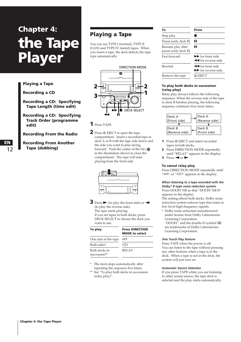The tape player, Chapter 4, Playing a tape | Sony CHC-P33D User Manual | Page 12 / 97