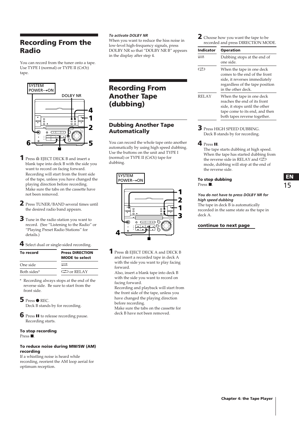 Recording from the radio, Recording from another tape (dubbing) | Sony CHC-P33D User Manual | Page 15 / 97
