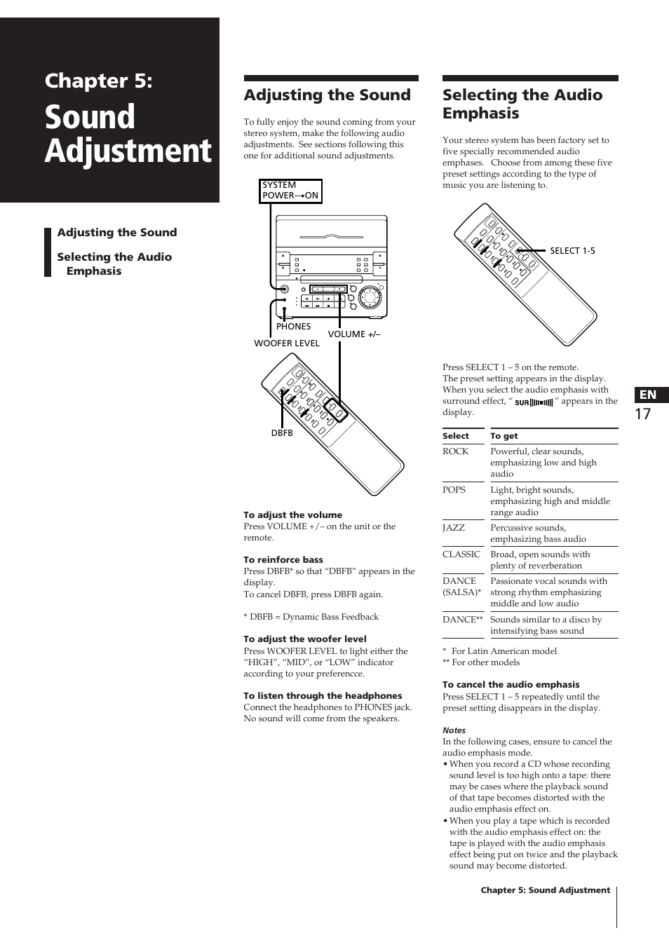 Sound adjustment, Chapter 5, Adjusting the sound | Selecting the audio emphasis, Adjusting the sound selecting the audio emphasis | Sony CHC-P33D User Manual | Page 17 / 97