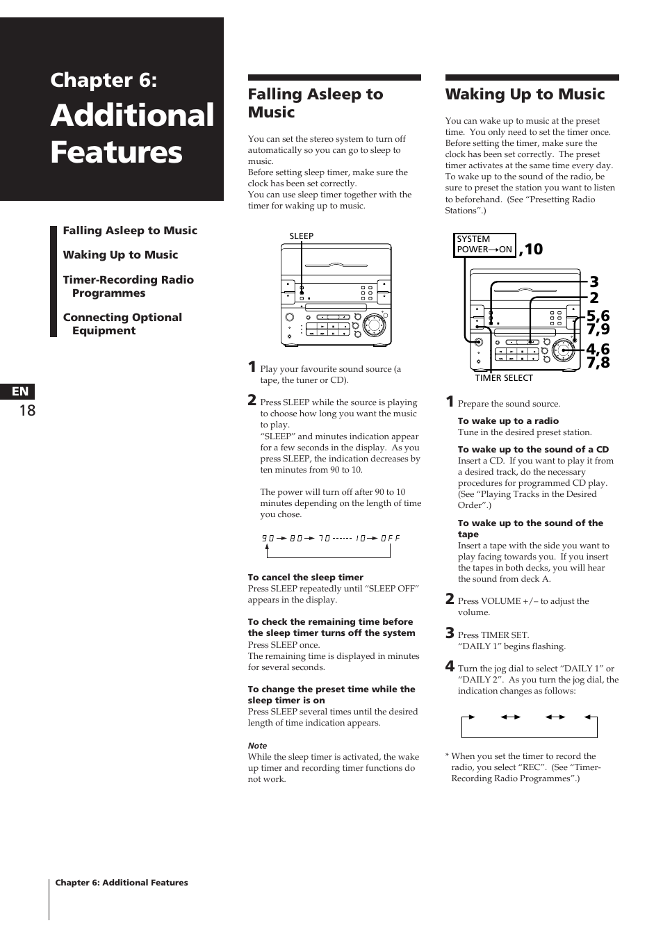 Additional features, Chapter 6, Falling asleep to music | Waking up to music | Sony CHC-P33D User Manual | Page 18 / 97