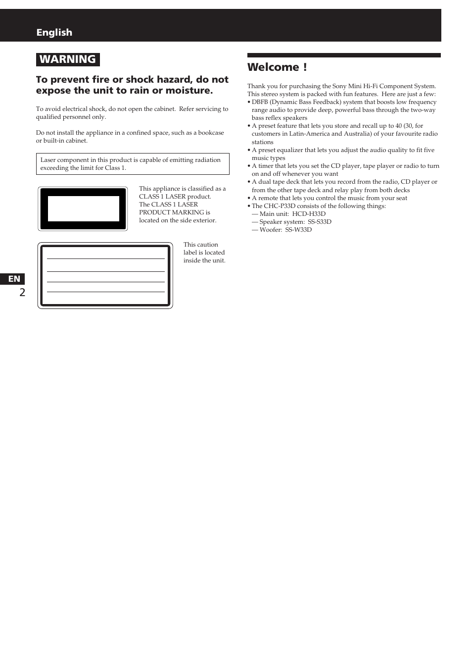 Warning, Welcome, English | Sony CHC-P33D User Manual | Page 2 / 97