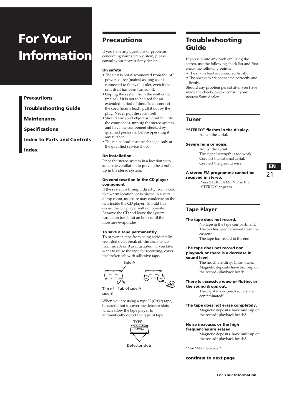 For your information, Precautions, Troubleshooting guide | Tuner, Tape player | Sony CHC-P33D User Manual | Page 21 / 97