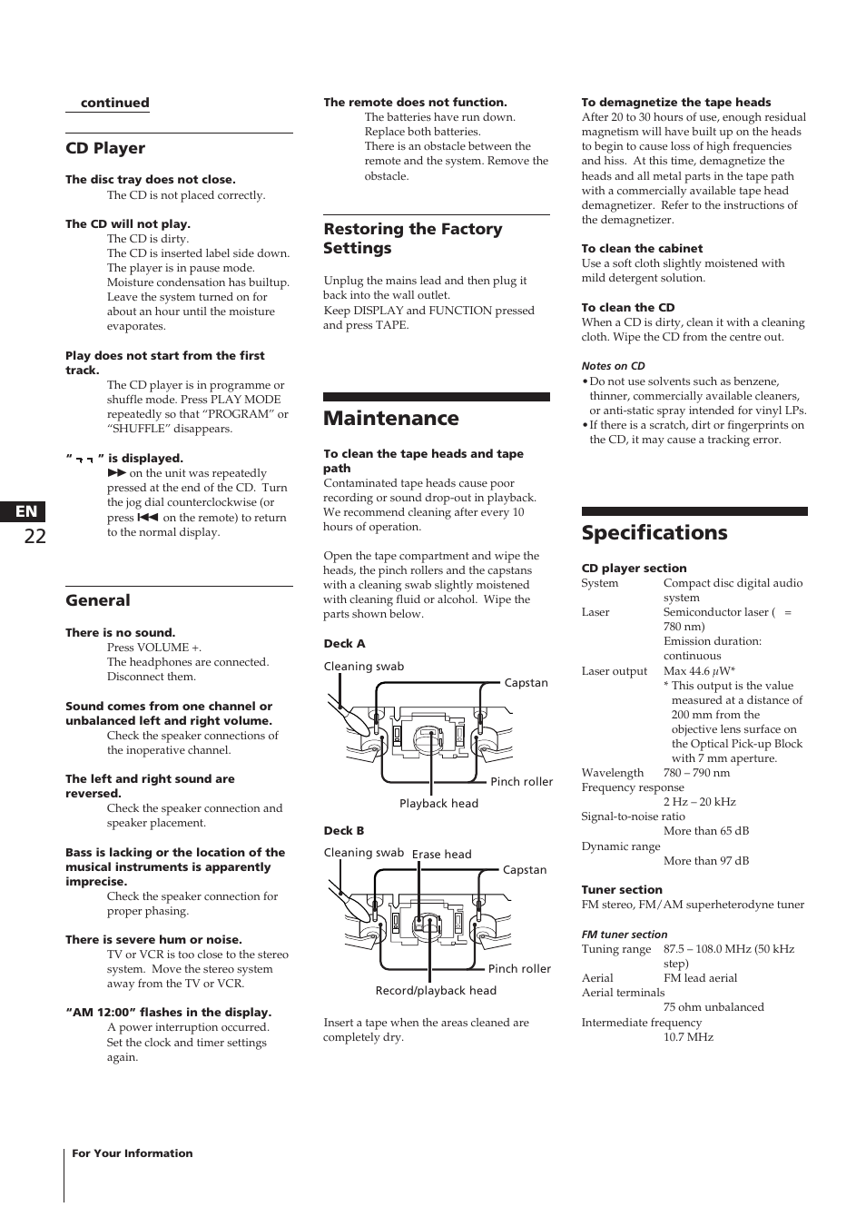 Specifications, Maintenance, Cd player | General, Restoring the factory settings | Sony CHC-P33D User Manual | Page 22 / 97