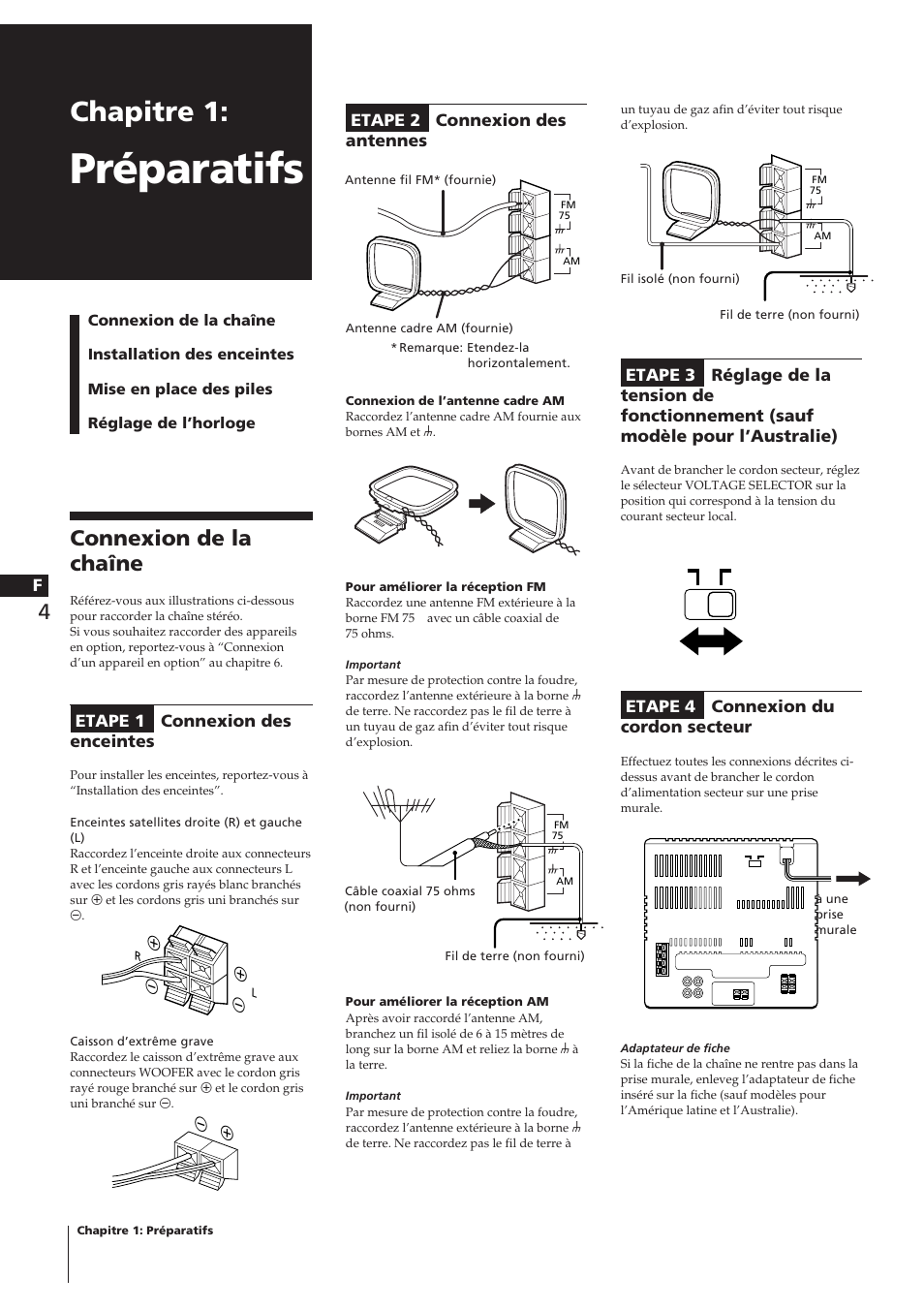Préparatifs, Chapitre 1, Connexion de la chaîne | Sony CHC-P33D User Manual | Page 28 / 97