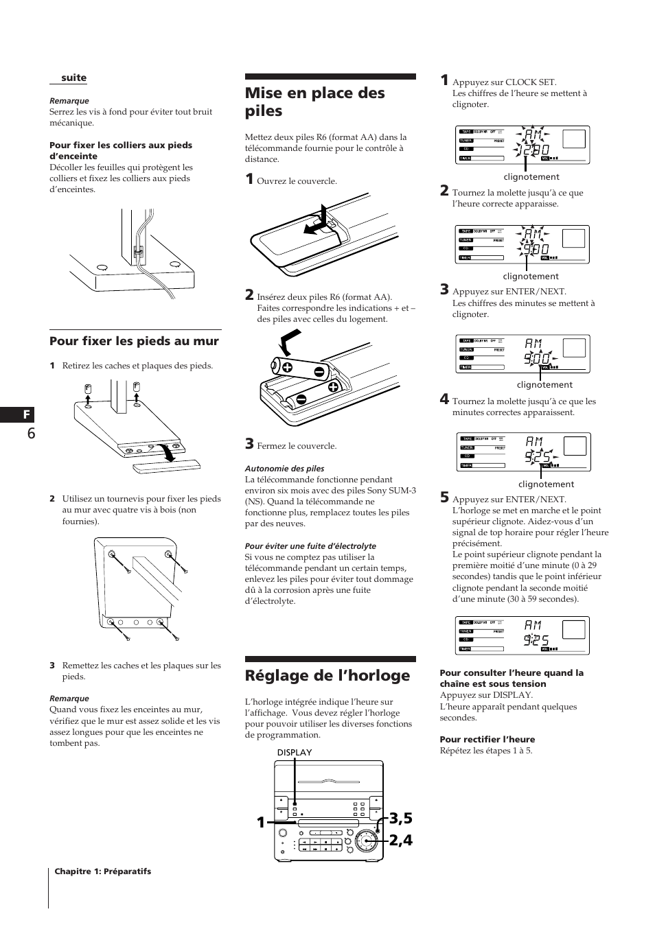 Mise en place des piles, Réglage de l’horloge | Sony CHC-P33D User Manual | Page 30 / 97