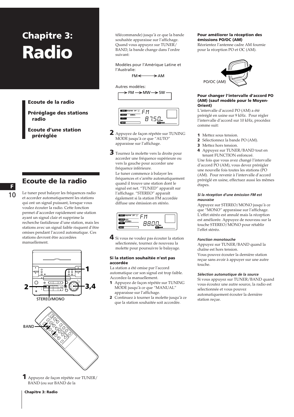 Radio, Chapitre 3, Ecoute de la radio | Sony CHC-P33D User Manual | Page 34 / 97