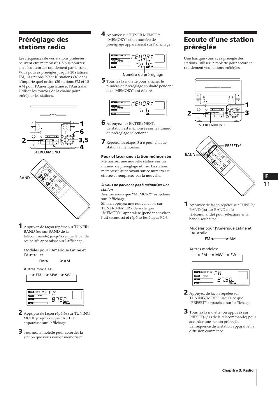 Préréglage des stations radio, Ecoute d’une station préréglée | Sony CHC-P33D User Manual | Page 35 / 97