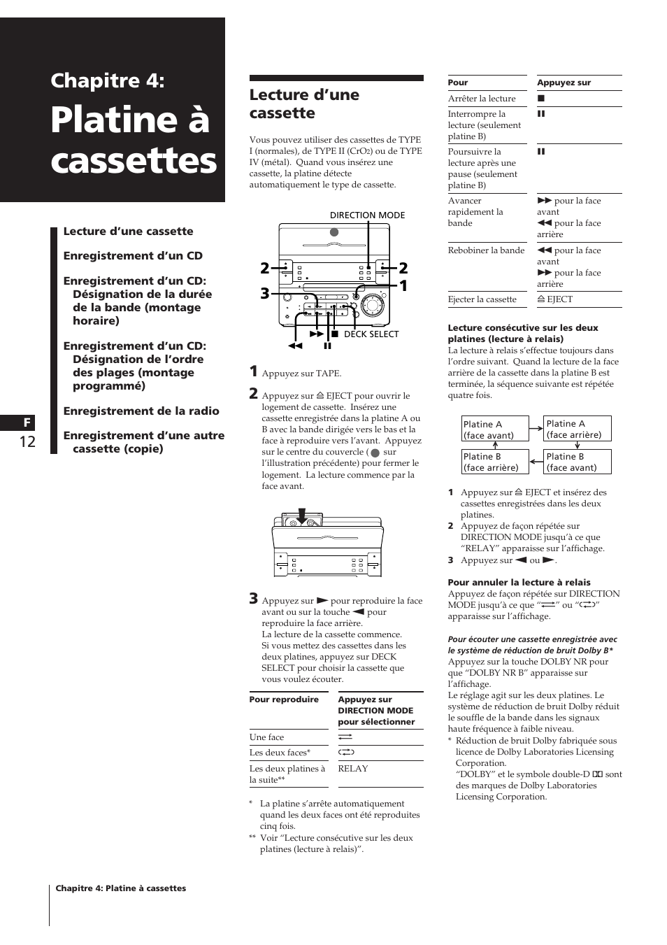 Platine à cassettes, Chapitre 4, Lecture d’une cassette | Sony CHC-P33D User Manual | Page 36 / 97