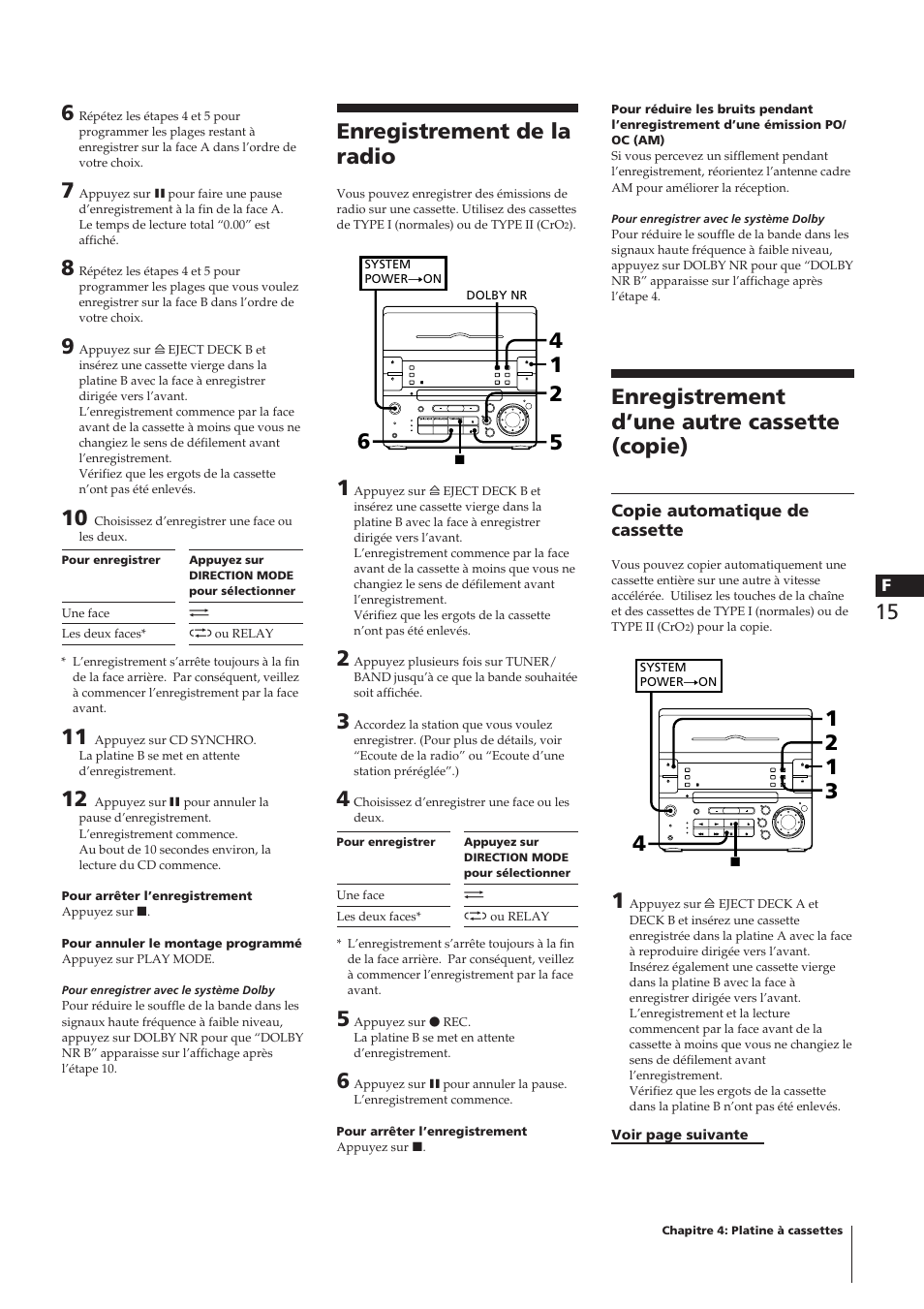 Enregistrement de la radio, Enregistrement d’une autre cassette (copie) | Sony CHC-P33D User Manual | Page 39 / 97