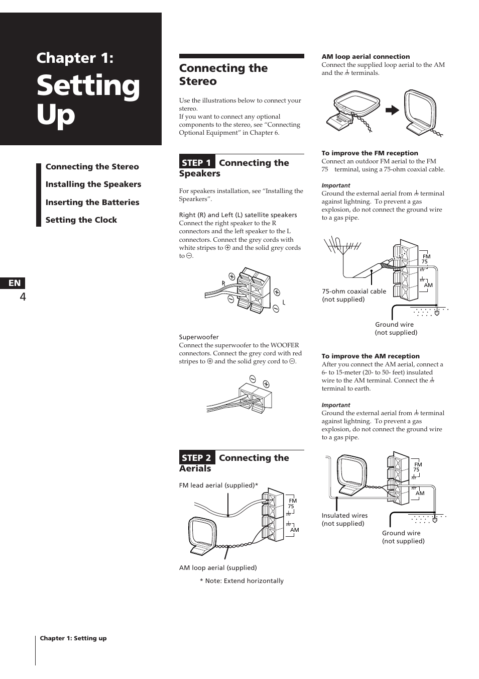 Setting up, Chapter 1, Connecting the stereo | Sony CHC-P33D User Manual | Page 4 / 97