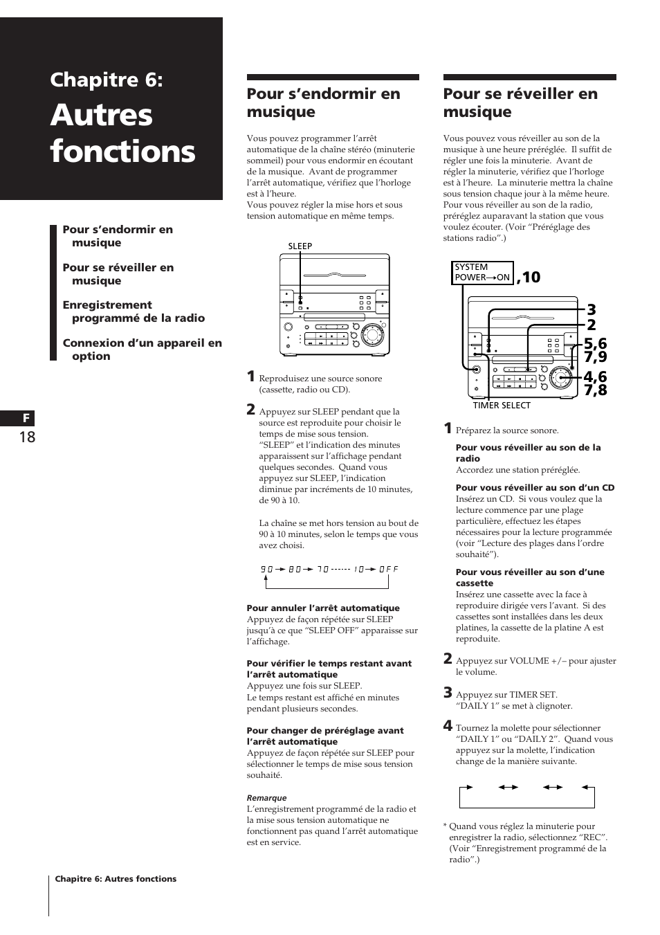 Autres fonctions, Chapitre 6, Pour s’endormir en musique | Pour se réveiller en musique | Sony CHC-P33D User Manual | Page 42 / 97