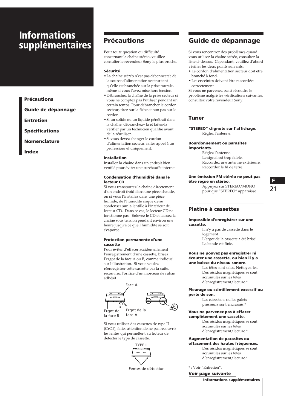 Informations supplémentaires, Précautions, Guide de dépannage | Tuner, Platine à cassettes | Sony CHC-P33D User Manual | Page 45 / 97