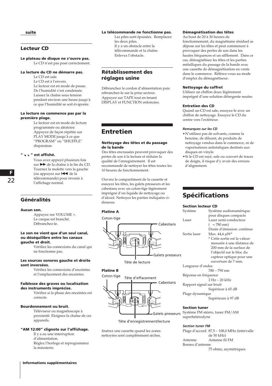 Spécifications, Entretien, Rétablissement des réglages usine | Lecteur cd, Généralités | Sony CHC-P33D User Manual | Page 46 / 97