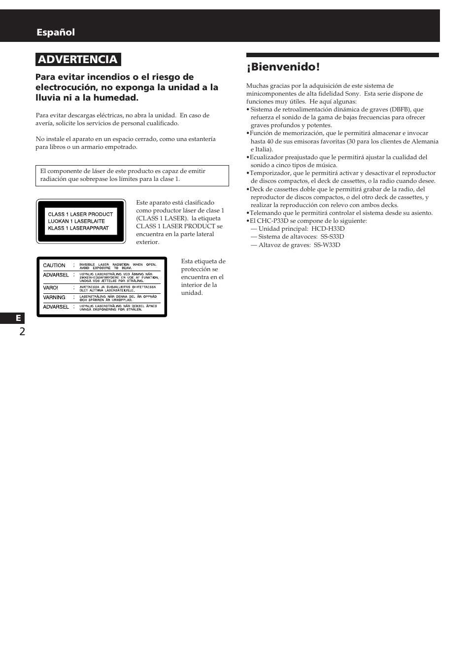2¡bienvenido, Advertencia, Español | Sony CHC-P33D User Manual | Page 50 / 97