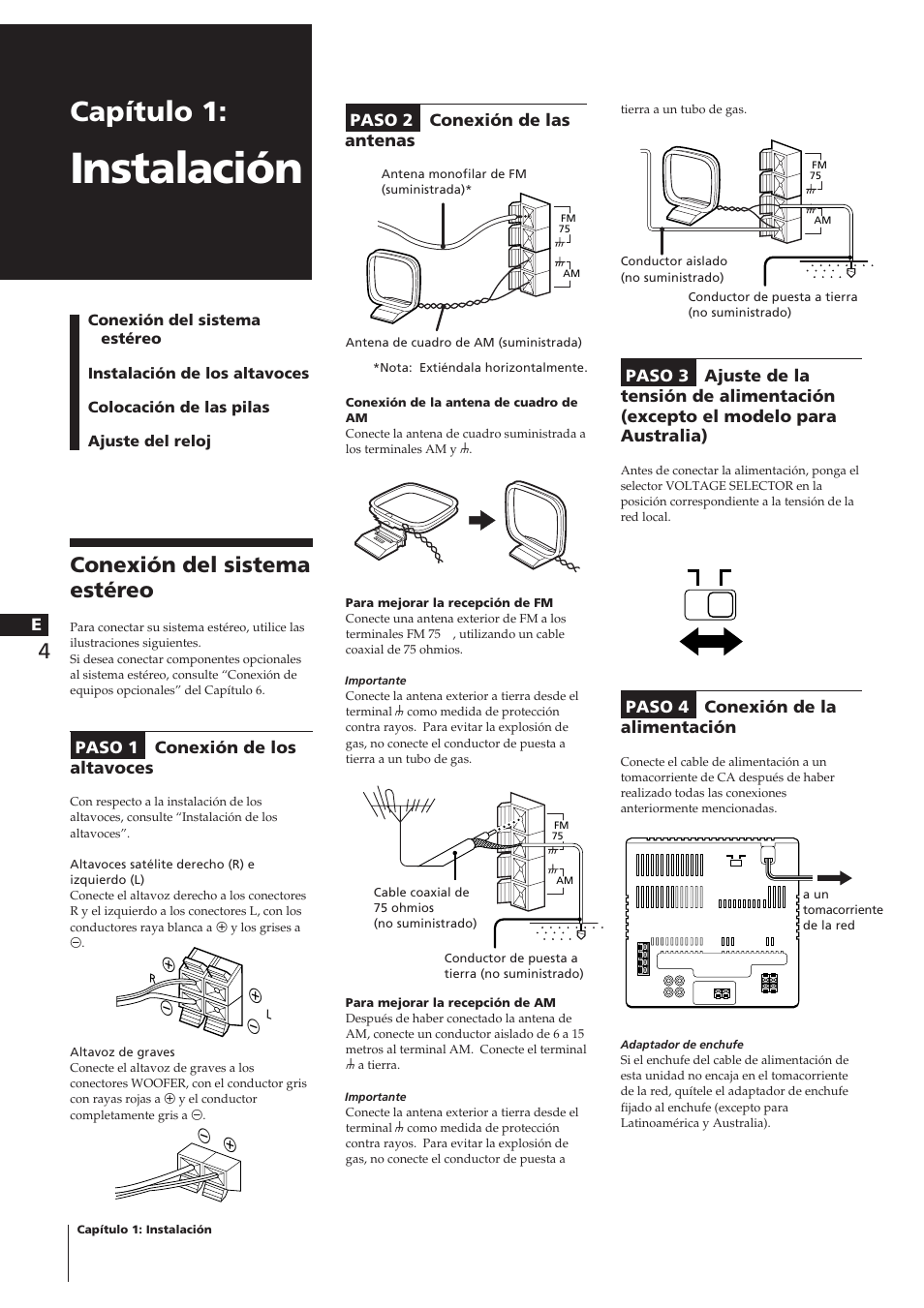 Instalación, Capítulo 1, Conexión del sistema estéreo | Sony CHC-P33D User Manual | Page 52 / 97
