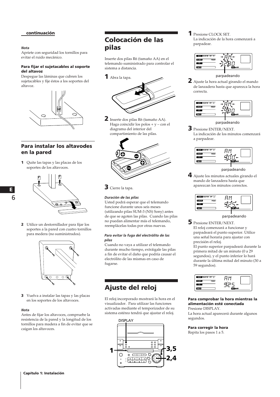 Colocación de las pilas, Ajuste del reloj | Sony CHC-P33D User Manual | Page 54 / 97
